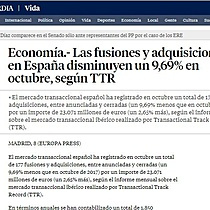 Las fusiones y adquisiciones en Espaa disminuyen un 9,69% en octubre, segn TTR